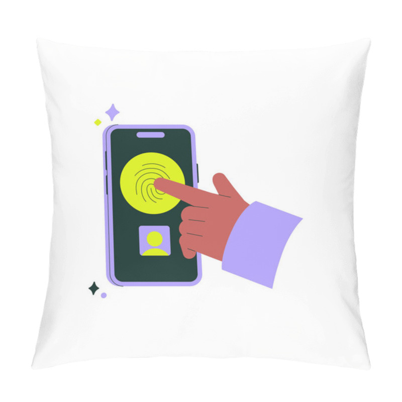 Personality  Finger Pressing Fingerprint Scanner On Smartphone For Authentication, Symbolizing Security And Technology. Flat Vector Illustration, Isolated On White Background. Pillow Covers