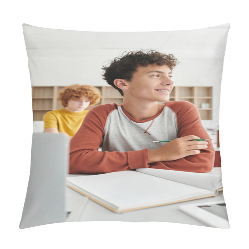 Personality  Smiling Teenage Schoolboy Holding Pencil Near Notebook And Devices During Lesson In School Pillow Covers