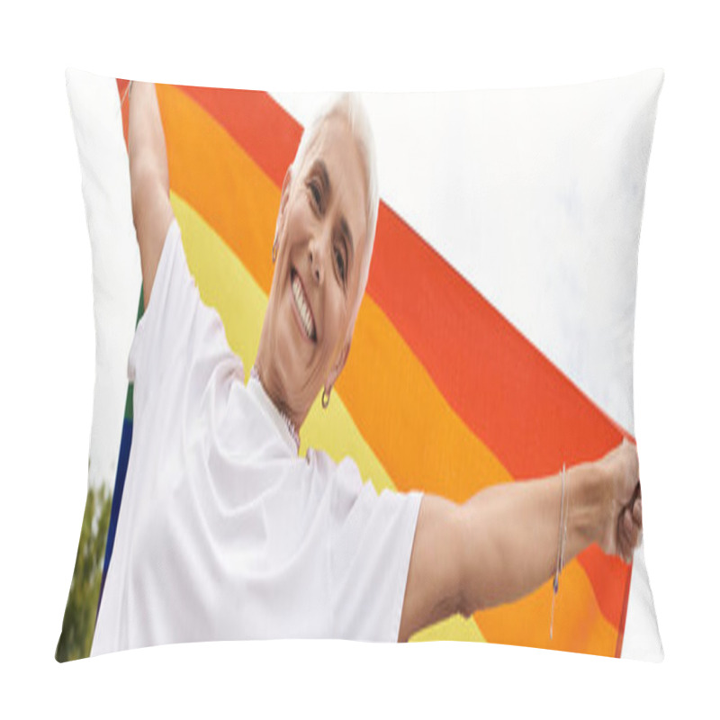 Personality  Radiant Woman Proudly Displays A Rainbow Flag, Embodying Love And Acceptance In Nature. Pillow Covers