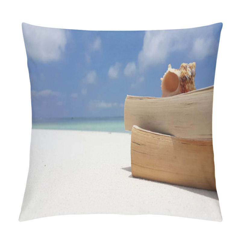 Personality  A Beautiful Shot Of A Seashell On Books On The White Sand Beach With Copy Space Pillow Covers