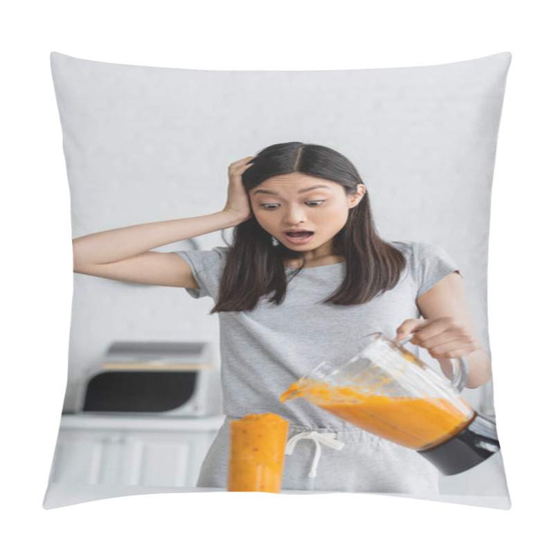 Personality  Shocked Asian Woman Touching Head Near Overflowing Glass Of Smoothie In Kitchen Pillow Covers