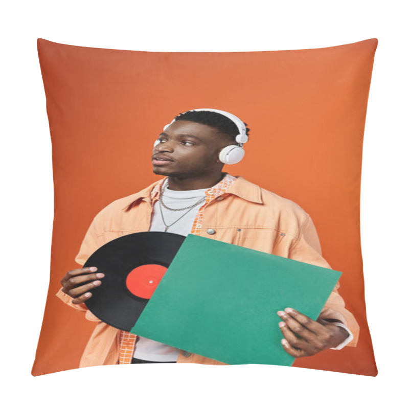 Personality  Stylish African American Man With Headphones Holding A Vinyl Record. Pillow Covers