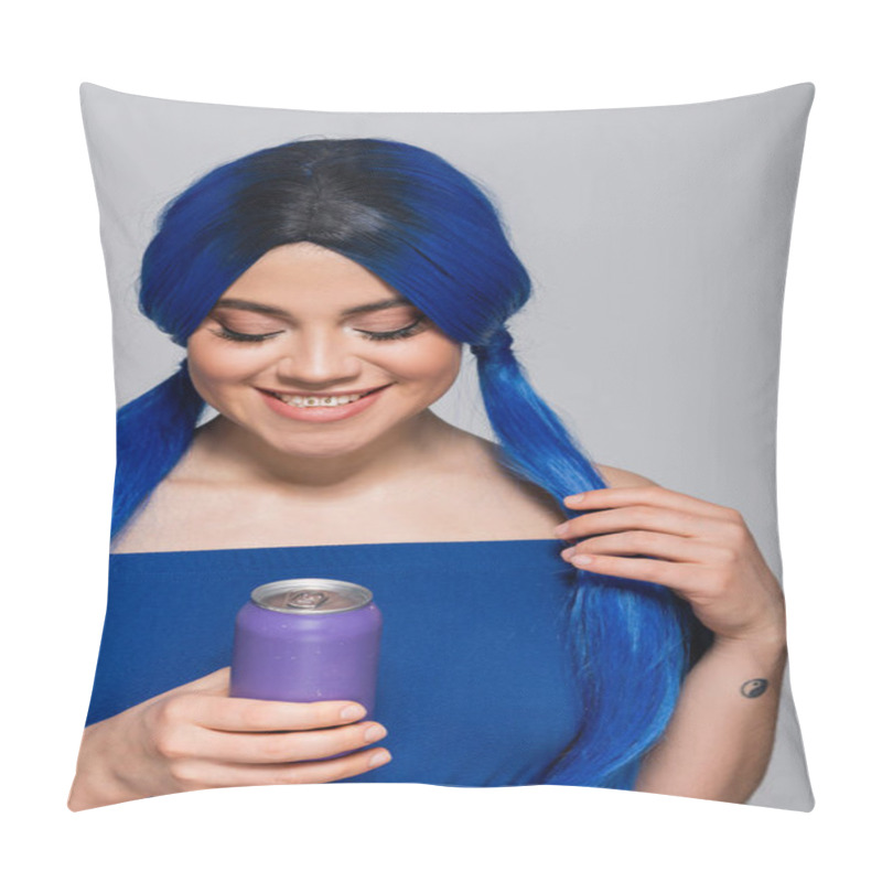 Personality  Beauty Trends, Summer Style, Positive Woman With Blue Hair Holding Soda Can On Grey Background, Modern Subculture, Individualism, Youth And Lifestyle, Vibrant Color, Self Expression, Unique Identity  Pillow Covers