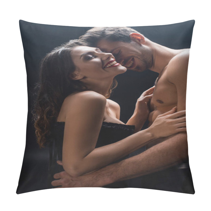 Personality  Side View Of Smiling Muscular Man Hugging Sexy Woman In Corset Isolated On Black  Pillow Covers