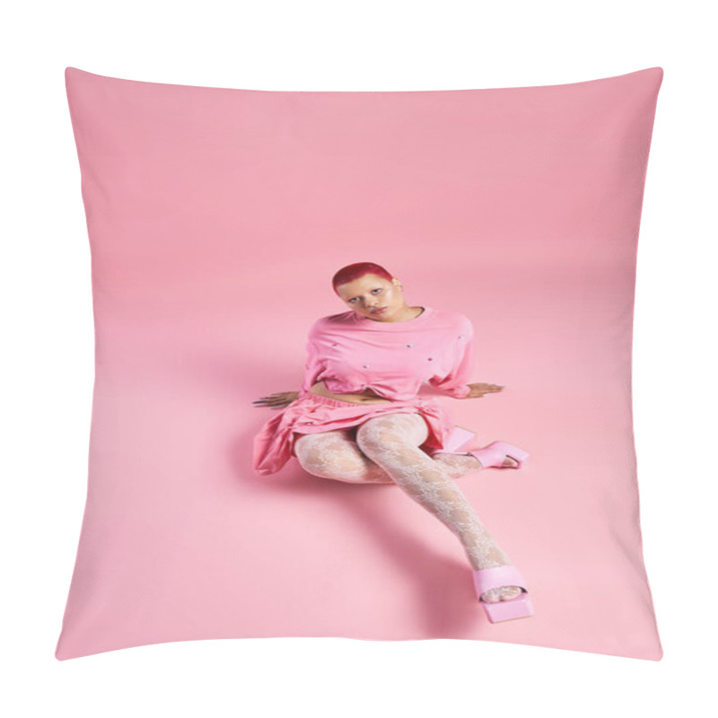 Personality  A Young Woman Radiates Boldness, Sitting Gracefully In A Pink Outfit Against A Matching Backdrop. Pillow Covers