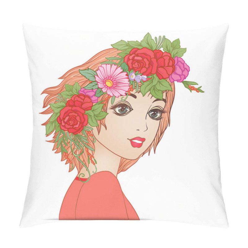 Personality  A Young Beautiful Girl With A Flower Wreath On His Head. Pillow Covers