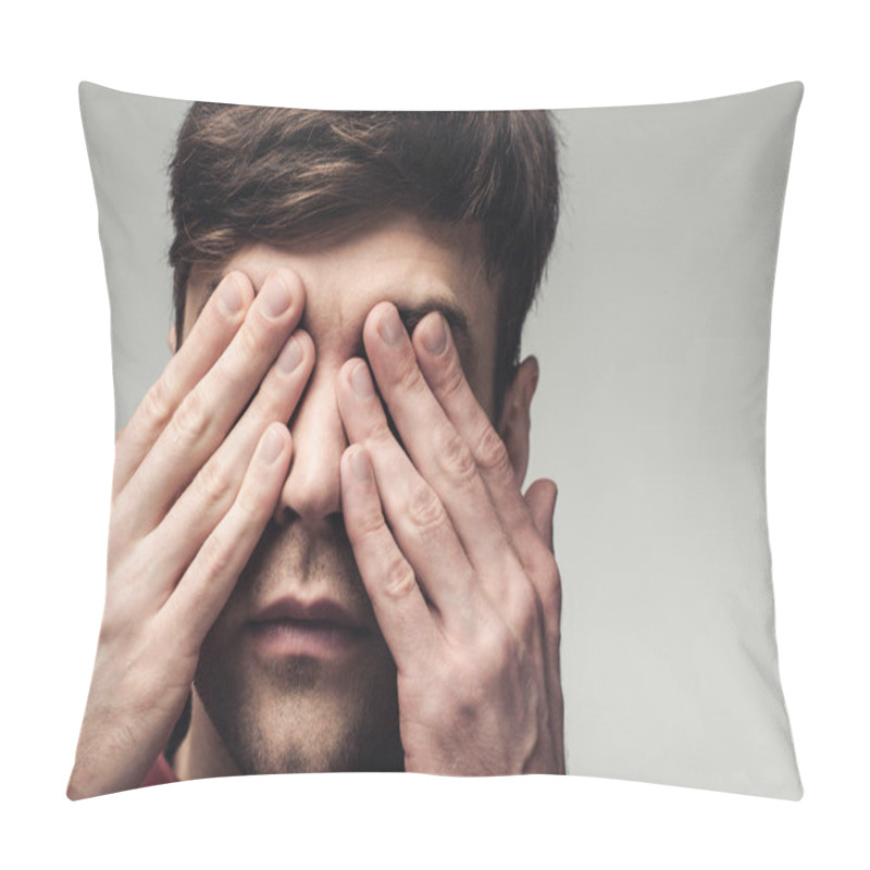 Personality  Blind Man Covering Eyes With Hands Isolated On Grey, Human Emotion And Expression Concept Pillow Covers