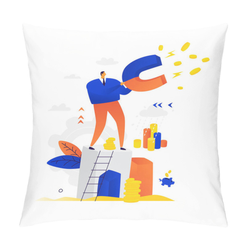 Personality  Illustration Of A Businessman With A Magnet Attracting Income. Vector. Raising Funds In Business. Coins Around A Businessman. Career Growth In The Company. Investing In Your Business. Say No To The Crisis. Pillow Covers