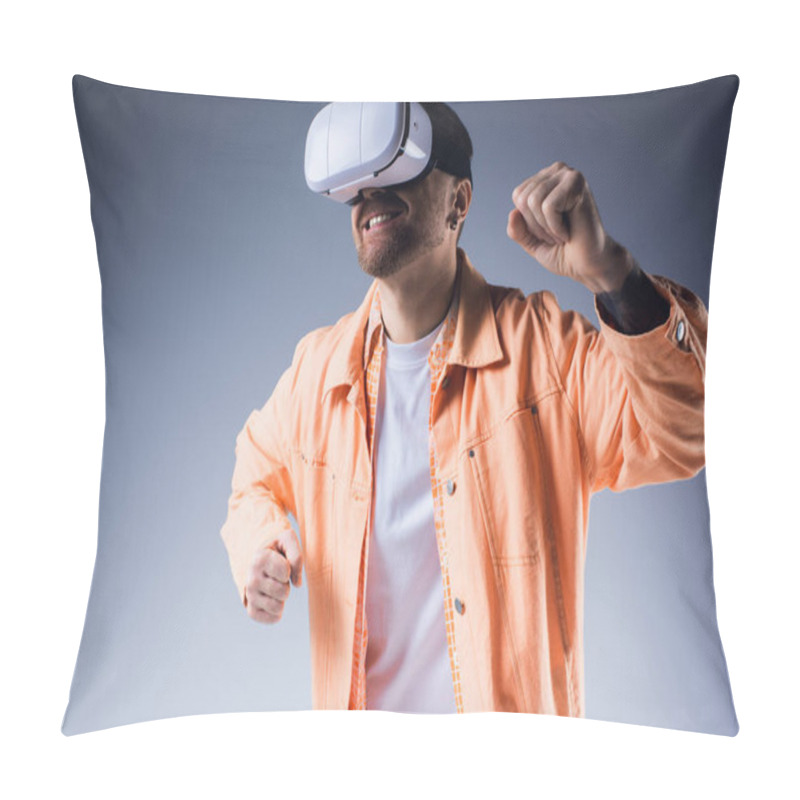 Personality  A Stylish Man In An Orange Shirt And White Vr Poses In A Vibrant Blue Setting. Pillow Covers