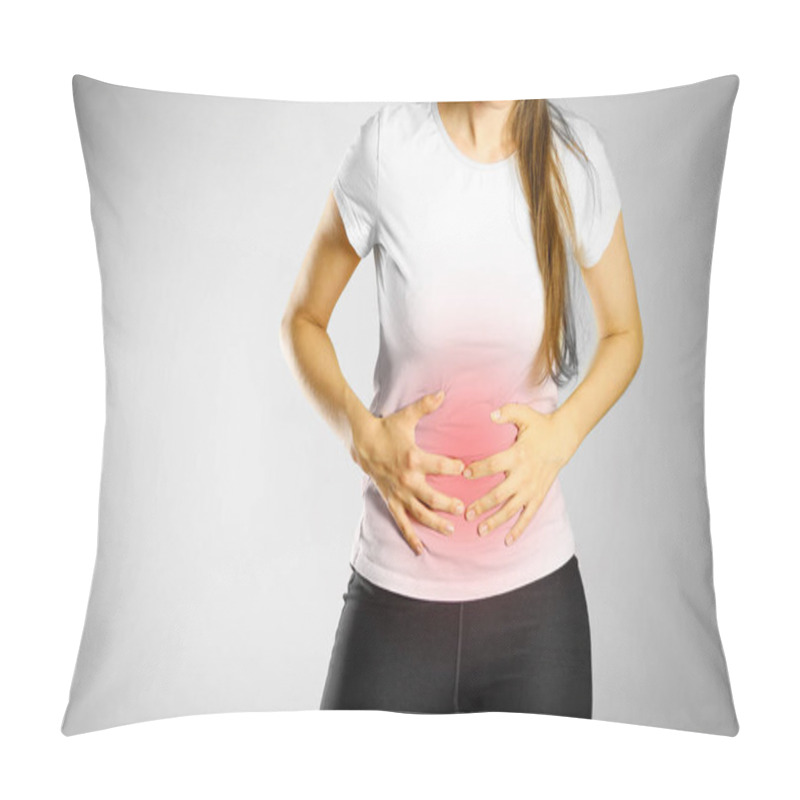 Personality  The Young Girl Has A Stomach Ache. Pain In The Abdomen. The Pain Pillow Covers