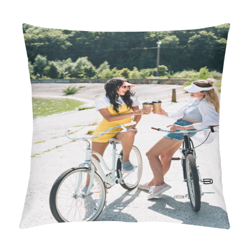 Personality  Happy Blonde And Brunette Girls With Bikes And Coffee To Go Near River In Summer Pillow Covers