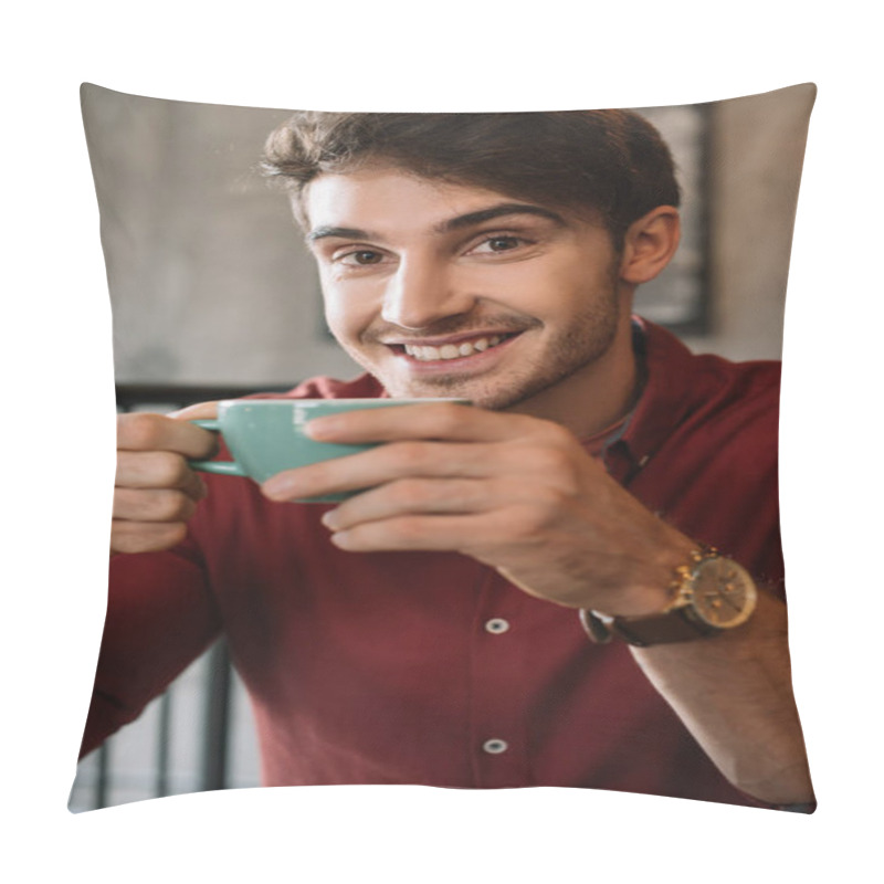 Personality  Smiling Young Man With Cup Of Tasty Cappuccino In Coffee Shop Pillow Covers