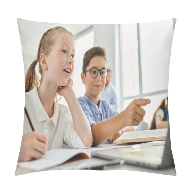 Personality  Children Sitting At A Table In A Bright Classroom, Focused On A Laptop Screen Pillow Covers