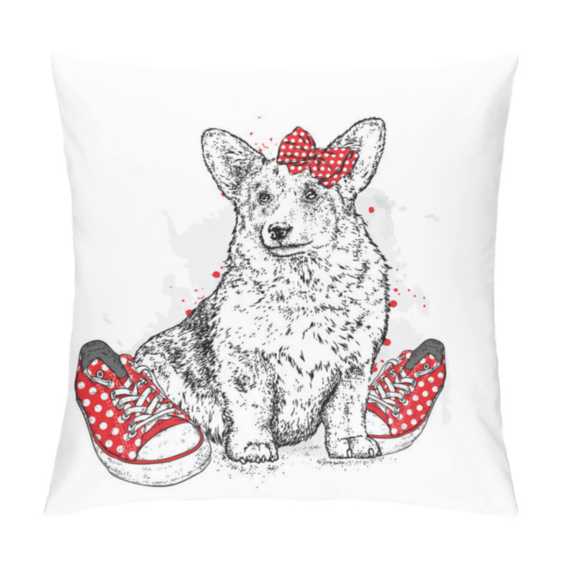 Personality  Cute Puppy With Bows And Sneakers In Polka Dots. Vector Illustration For A Postcard Or A Poster, Print For Clothes. Pedigree Dog. Welsh Corgi. Pillow Covers