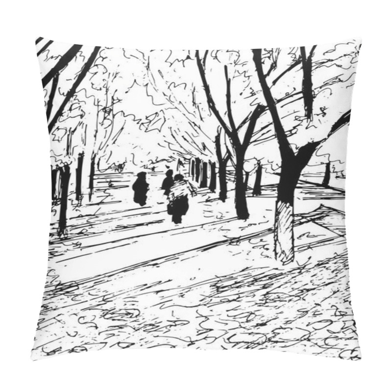 Personality  Vector Autumn Trees With Long Shadows And People Walking By Pillow Covers