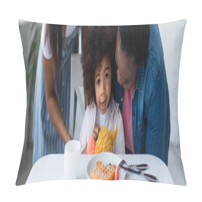 Personality  African American Women Hugging Child Sitting With Soft Toy Near Plate With Waffle On Table, Banner Pillow Covers