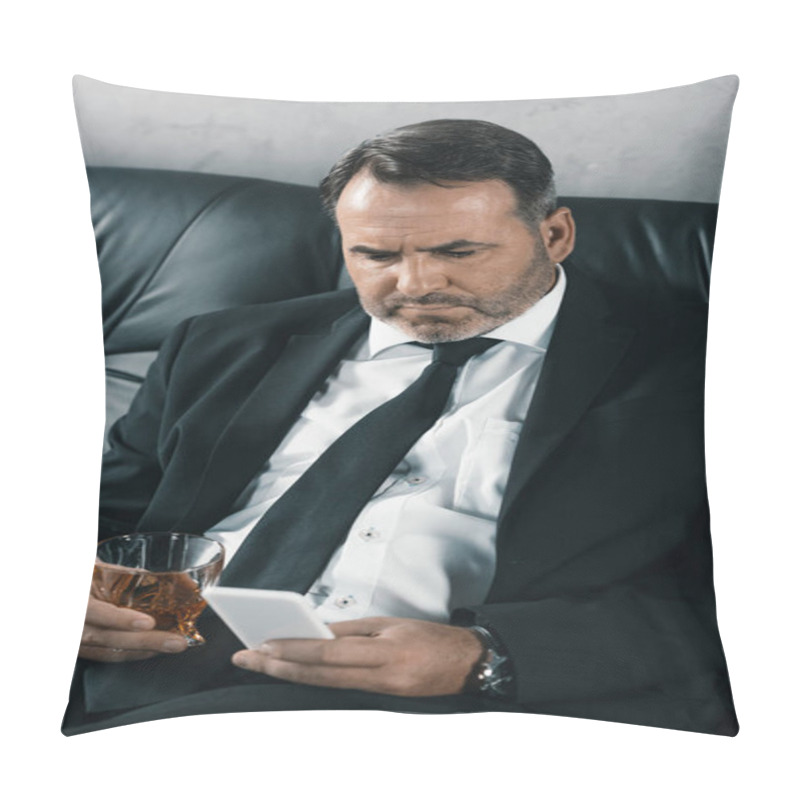 Personality  Businessman With Glass Of Whiskey Using Smartphone Pillow Covers