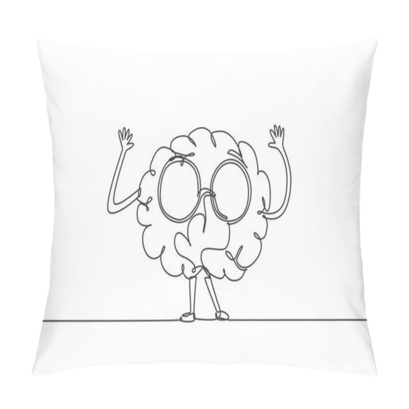 Personality  One Single Line Drawing Of Nerd Human Brain Wearing Round Retro Glasses Logo Identity. Old Funny Cute Character Icon Logotype Concept. Dynamic Continuous Line Draw Graphic Design Vector Illustration Pillow Covers