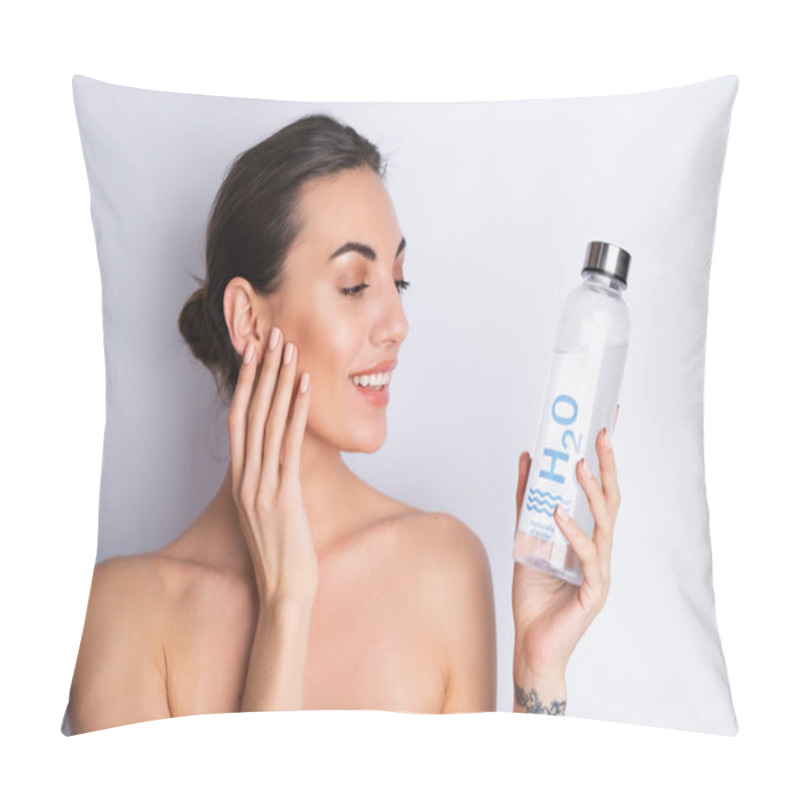 Personality  Close Beauty Portrait Of A Topless Woman With Perfect Skin And Natural Make-up, Holding Personal Glass Bottle Of H2o Water, On A White Background	 Pillow Covers