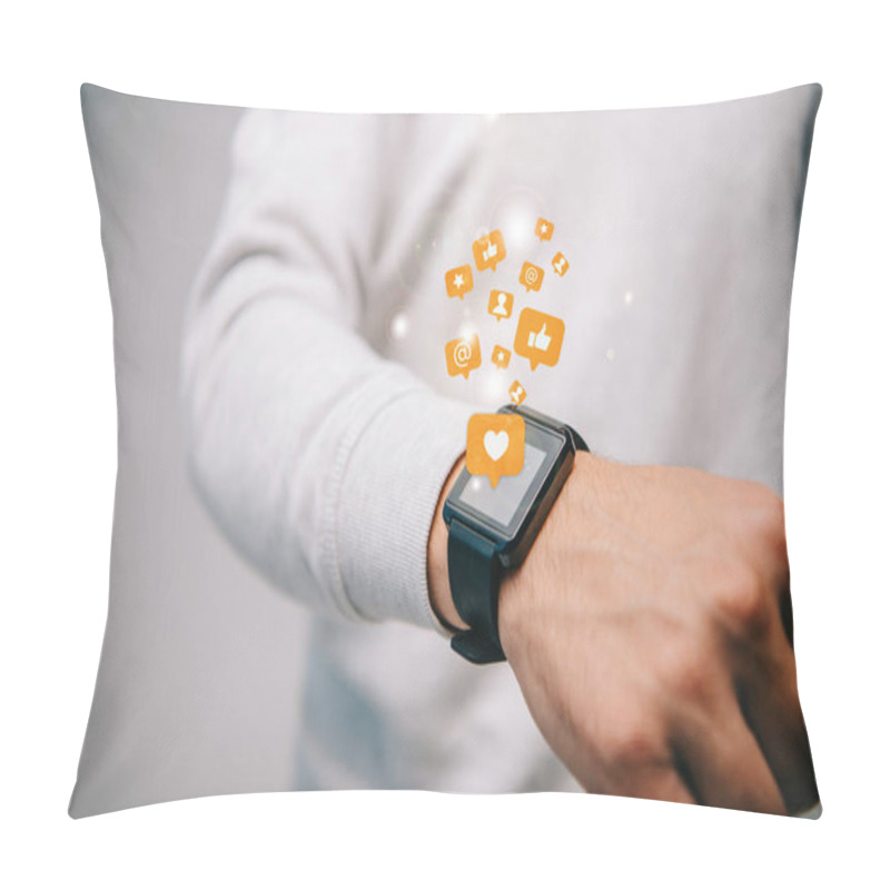 Personality  Cropped View Of Man With Smartwatch With Multimedia Icons Pillow Covers