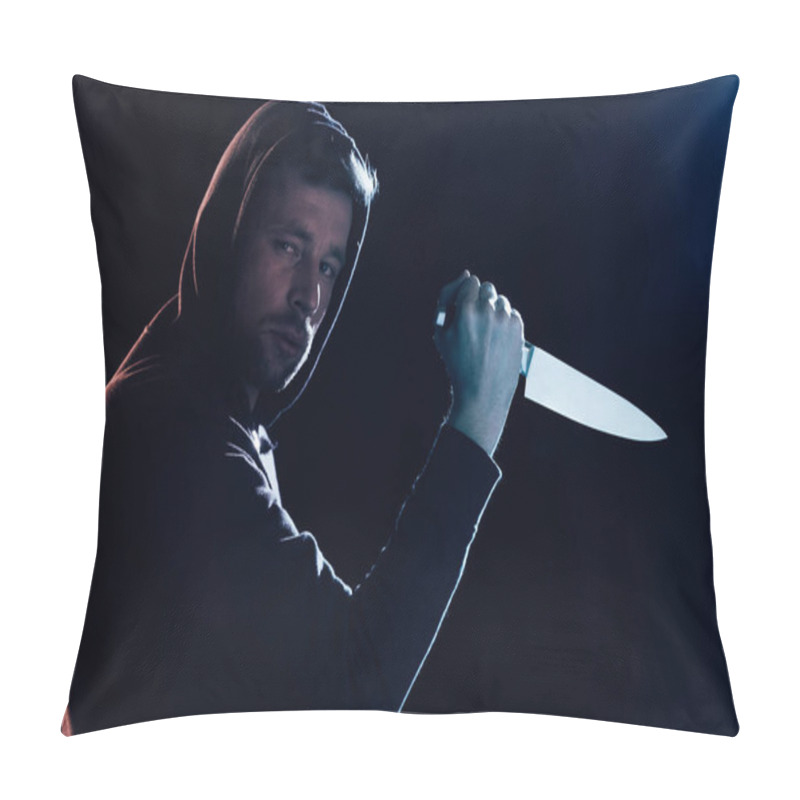 Personality  Criminal In Casual Clothes Holding Knife And Looking At Camera On Black Pillow Covers