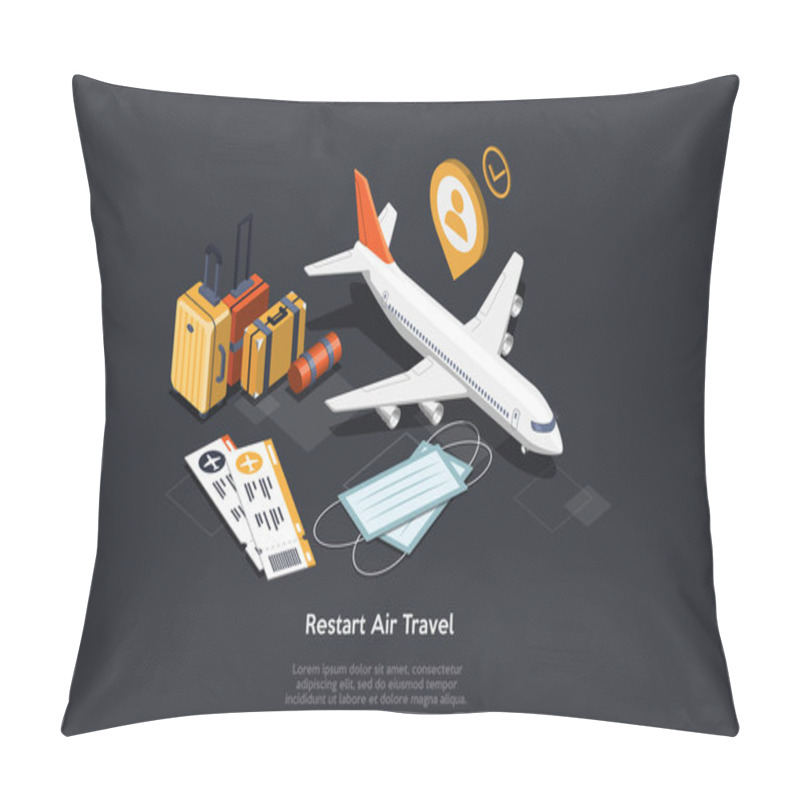 Personality  International Air Travel, Airline Renovated Service And Safely Flights Restart Concept. Airplane And A Set Of Tourism, Vacation, Journey, Travel Objects. Colorful 3d Isometric Vector Illustration. Pillow Covers