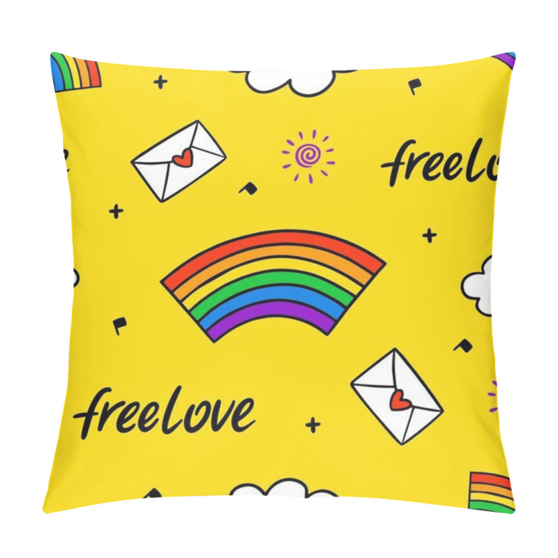 Personality  Never Ending Cute Doodle Pattern With Lgbt Rainbow, Hearts, Text, Clouds And Sunshine. Gay Pride. Pride Month. Love, Freedom, Support, Lgbtq+  Pillow Covers