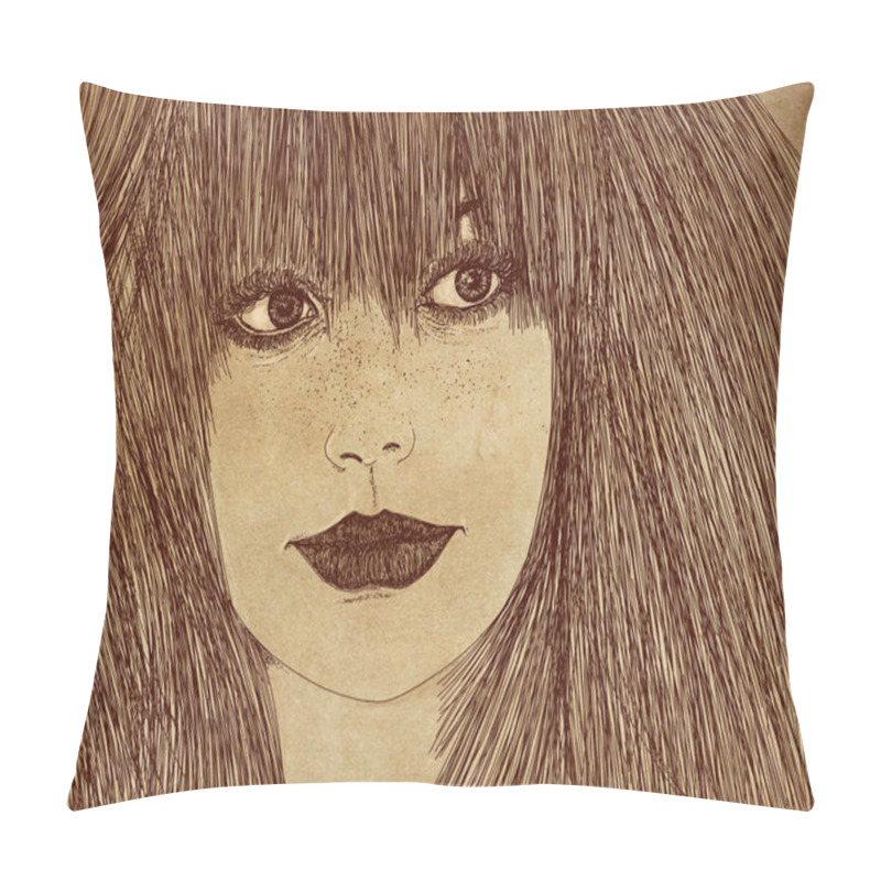 Personality  An Illustration Of A Portrait Of A Woman With A Shy Look And Bobbed Hair. Pillow Covers