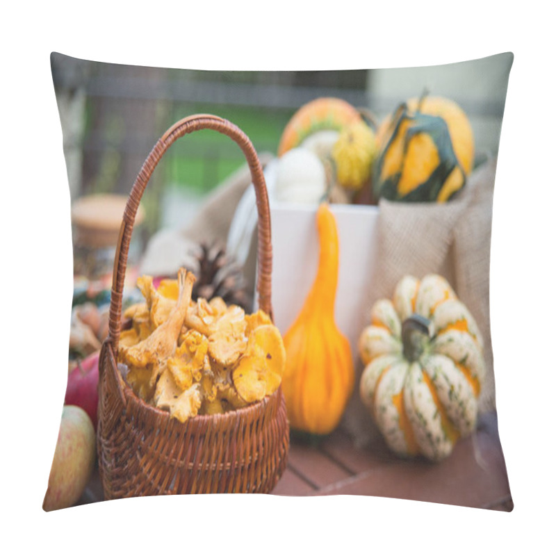 Personality  Full Basket Of Chanterelles In Autumn Garden With Different Decorations And Pumpkins Pillow Covers