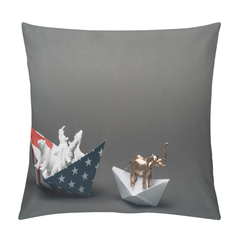 Personality  Toy Elephant In Paper Boat And Animals In Boat From American Flag On Grey Background, Animal Welfare Concept Pillow Covers