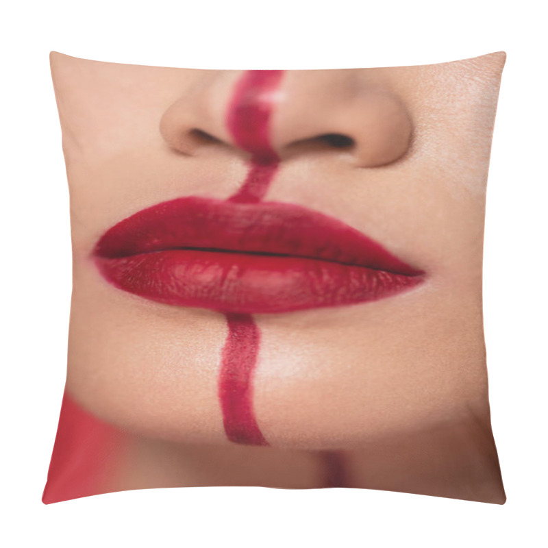 Personality  Close Up View Of Cropped Woman With Red Lips And Vertical Line On Face  Pillow Covers