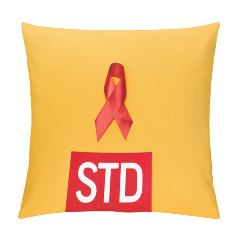 Personality  Top View Of Red Ribbon As Hiv Awareness Near Std Lettering Isolated On Orange  Pillow Covers