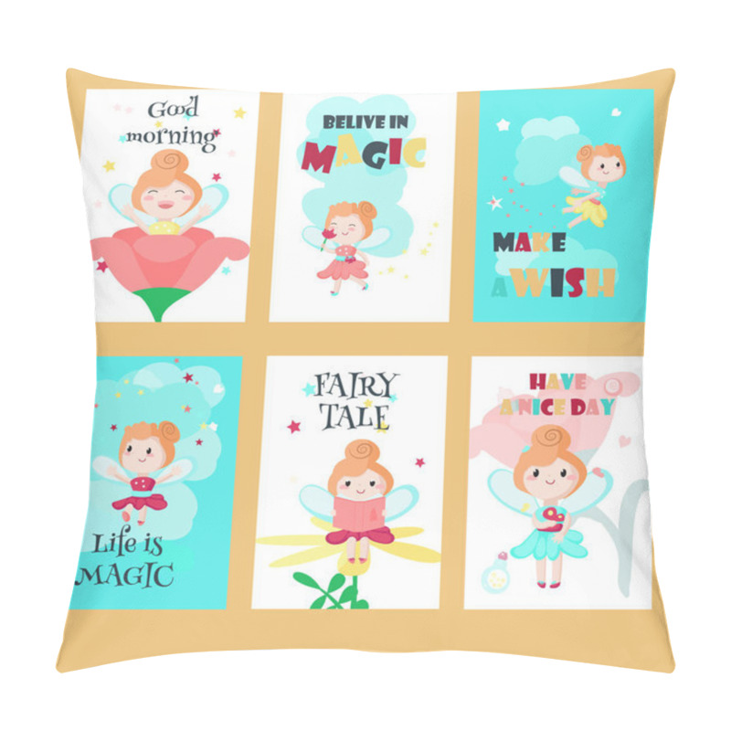 Personality  Vector Set Of Cards With Cute Little Fairies Pillow Covers