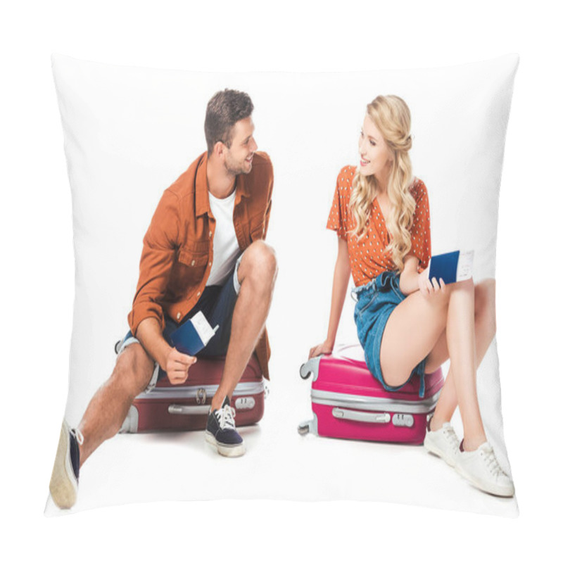 Personality  Smiling Couple Sitting On Travel Bags With Passports And Tickets Isolated On White  Pillow Covers