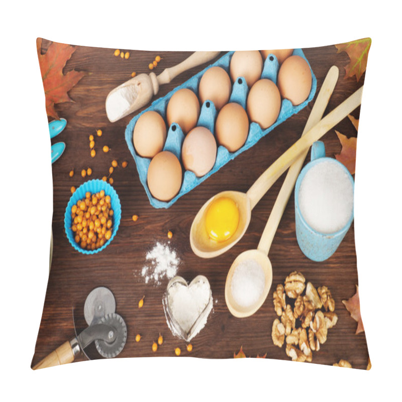 Personality  Ingredients For Cooking And Cookware On A Dark Wooden Background Pillow Covers