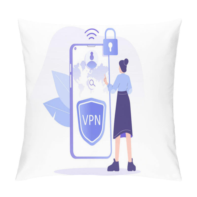 Personality  VPN Service Concept. Young Man Using VPN To Protect His Personal Data In Smartphone. Virtual Private Network. Secure Network Connection And Privacy Protection. Isolated Modern Vector Illustration Pillow Covers