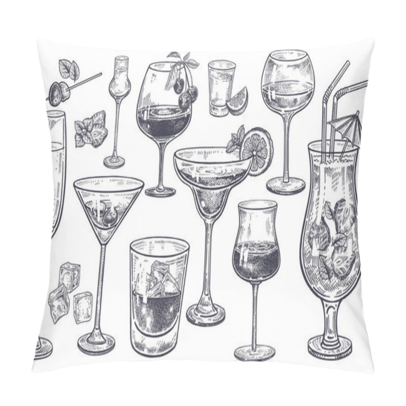 Personality  Alcoholic Drinks Set. Glass Of Champagne, Margarita, Brandy, Whiskey With Ice, Cocktail, Wine, Vodka, Tequila And Cognac. Isolated Black And White Vintage Engraving. Hand Drawing. Vector Illustration Pillow Covers