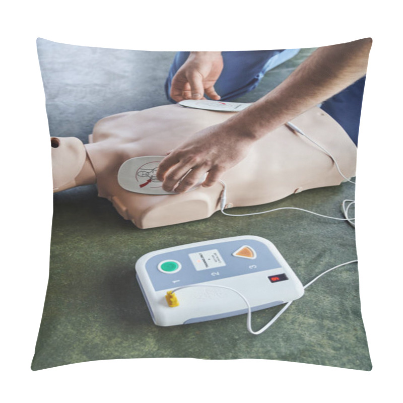 Personality  Cardiac Resuscitation Techniques, Partial View Of Professional Paramedic Applying Defibrillator Pads On CPR Manikin, High Angle View, Health Care And Life-saving Techniques Concept Pillow Covers