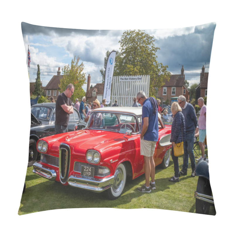 Personality  People Stop To Look At A Bright Red 1958 Ford Edsel Car From The USA At Wisborough Green Village Fete, West Sussex, UK Pillow Covers