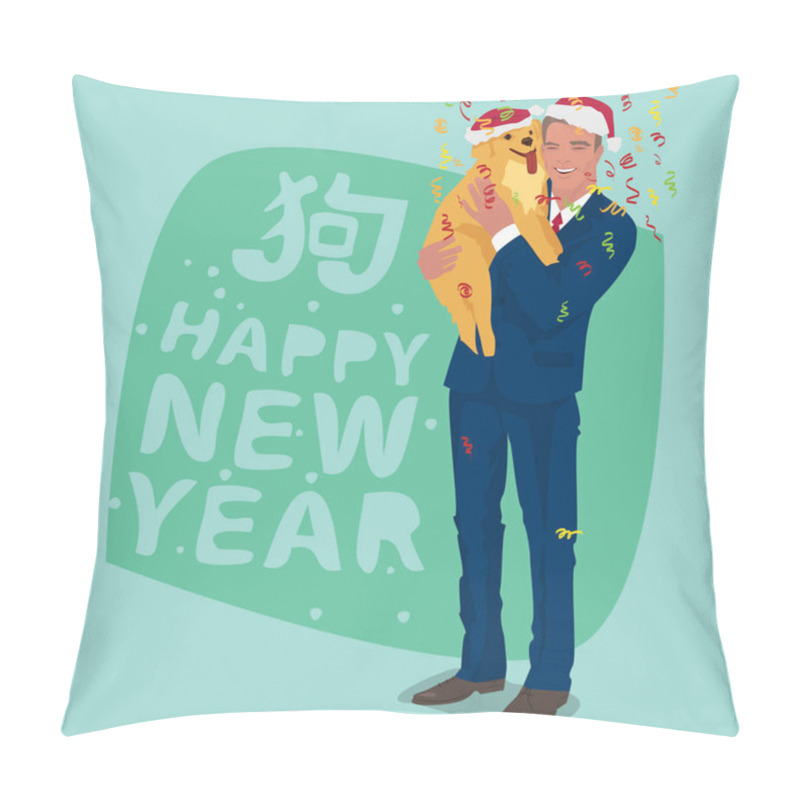 Personality  Cheerful Man Holding Little Yellow Dog In His Arms Pillow Covers