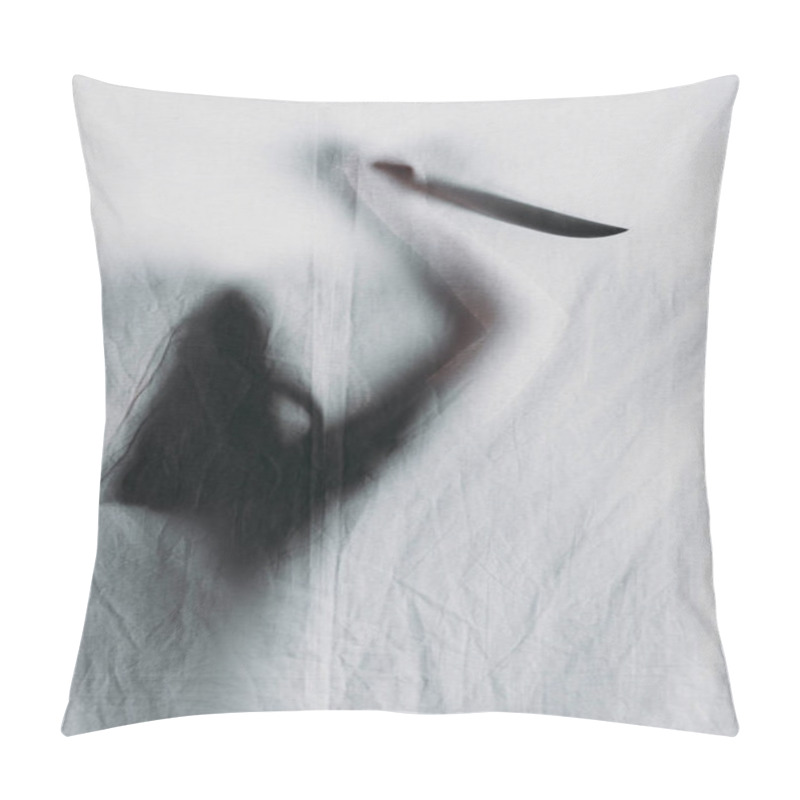 Personality  Scary Blurry Silhouette Of Person Holding Knife Behind Veil Pillow Covers