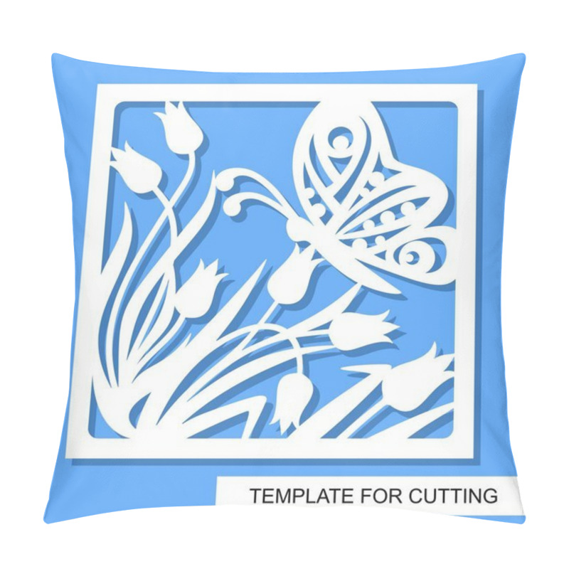 Personality  Square Decorative Panel With Flowers Tulips And Butterfly. White Object On A Blue Background. Template For Laser Cutting, Wood Carving, Paper Cut Or Printing. Vector Illustration. Pillow Covers