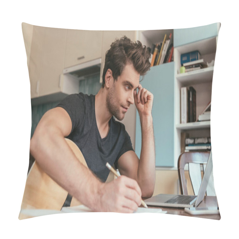 Personality  Attentive Young Man With Guitar Writing Notes While Looking At Laptop Pillow Covers