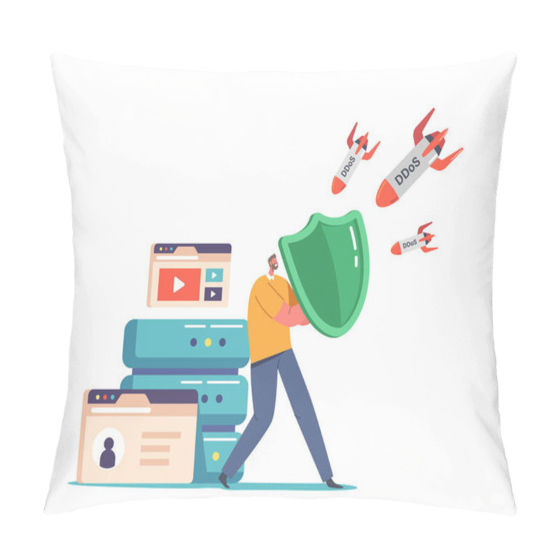 Personality  Ddos Attack And Data Center Protection With Hosting Server And Staff. System Administrator With Shield Protect Computer, Network And Database Center From Hacker Attack. Cartoon Vector Illustration Pillow Covers