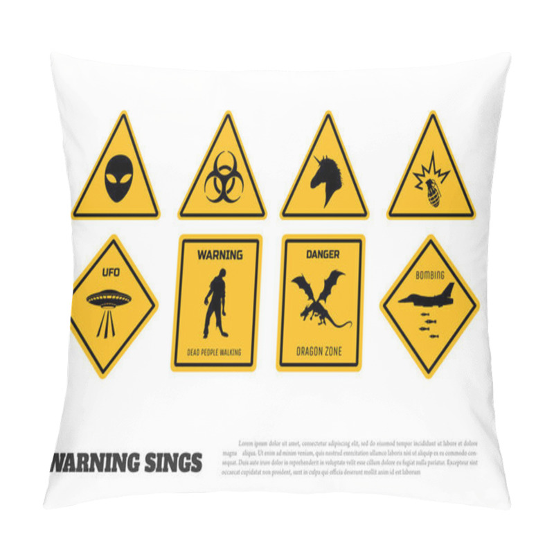 Personality  Comic Fantasy Yellow Warning Signs. Set Of Danger Stickers And Icons Pillow Covers