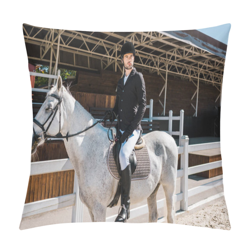 Personality  Handsome Male Equestrian Riding White Horse At Horse Club Pillow Covers