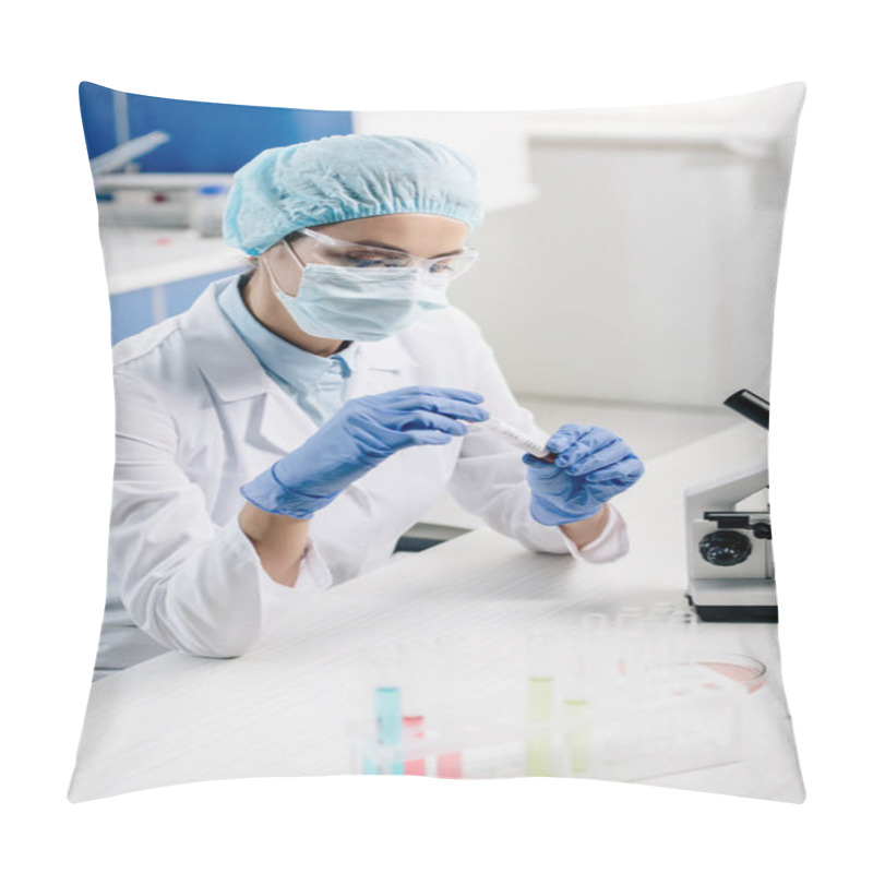 Personality  Genetic Consultant In White Coat Doing Dna Test In Lab  Pillow Covers