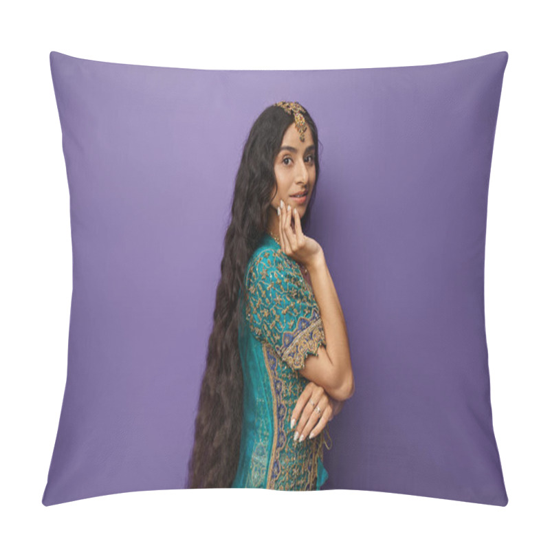 Personality  Attractive Young Indian Woman In Blue Traditional Sari Looking At Camera On Purple Backdrop Pillow Covers