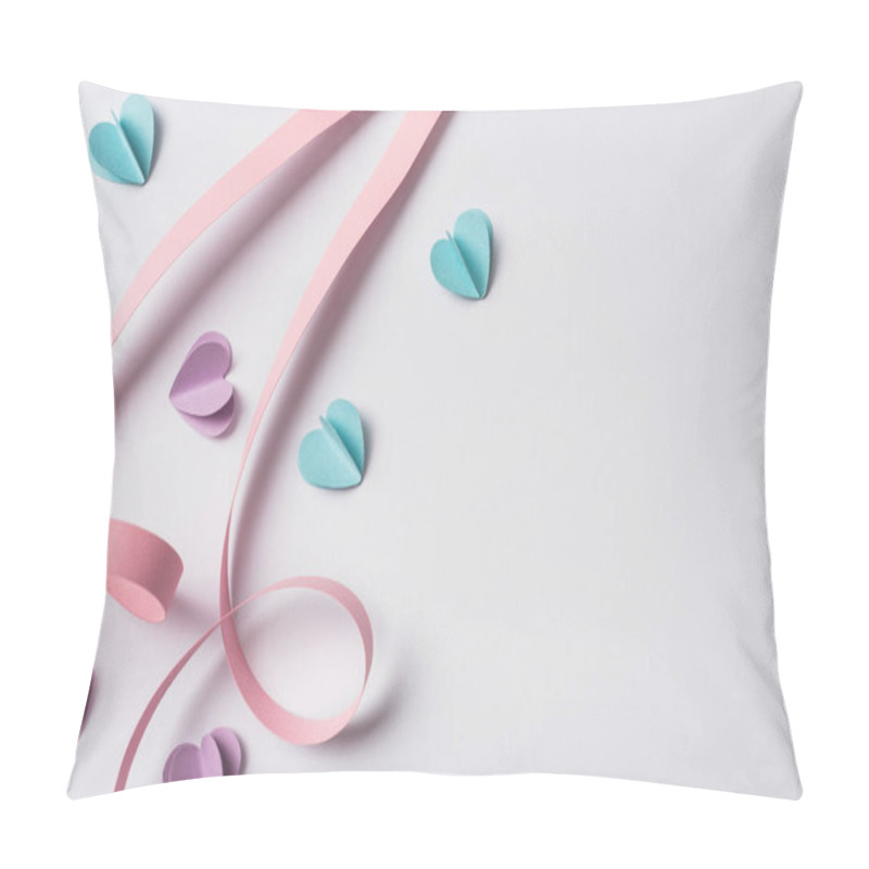 Personality  Top View Of Small Paper Hearts And Pink Paper Swirl On White Background Pillow Covers