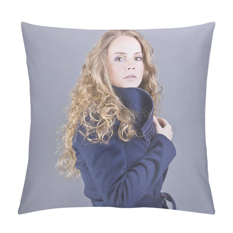 Personality  Beautiful Curly Blonde With A Languid Sight In The Blue Coat On Gray Background Pillow Covers